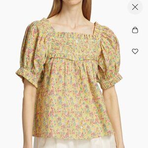 NWOT Doen Farley Cotton Ruffle Short Sleeve Top Yellow Chrysanthemum Sky Floral